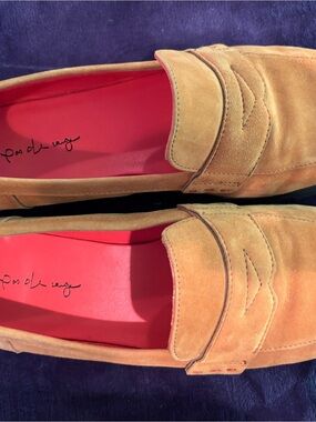 Pas de Rouge Tan Suede Penny Loafers with Red Insole